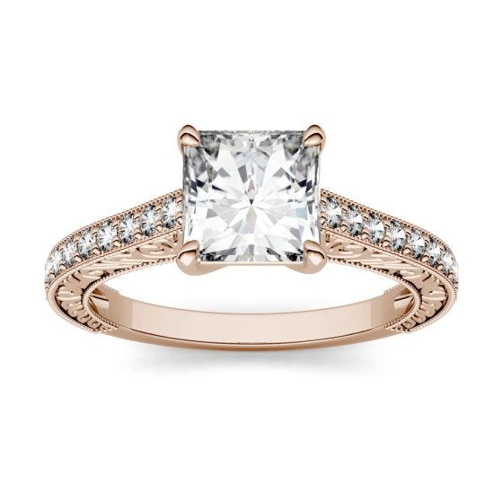 1.14 CTW DEW Square Forever One Moissanite Side Stone with Scrollwork Ring 14K Rose Gold