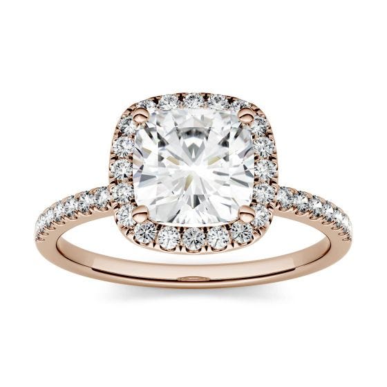 1.60 CTW DEW Cushion Forever One Moissanite Halo with Side Accents Engagement Ring 14K Rose Gold