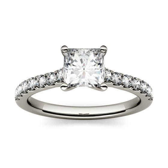 1.18 CTW DEW Square Forever One Moissanite Solitaire with Side Accents Engagement Ring 14K White Gold