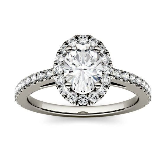 1.28 CTW DEW Oval Forever One Moissanite Halo with Side Accents Engagement Ring 14K White Gold