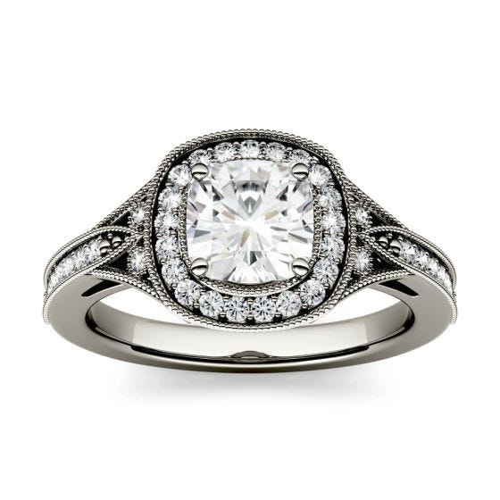 1.34 CTW DEW Cushion Forever One Moissanite Milgrain Halo with Side Accents Engagement Ring 14K White Gold