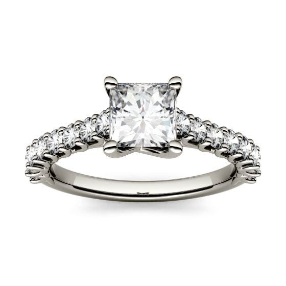 1.38 CTW DEW Square Forever One Moissanite Solitaire with Side Accents Engagement Ring 14K White Gold