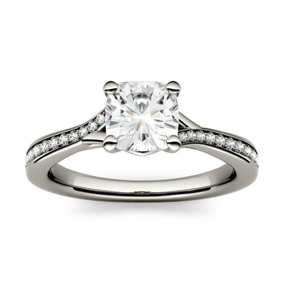 1.23 CTW DEW Cushion Forever One Moissanite Solitaire with Side Accents Engagement Ring 14K White Gold