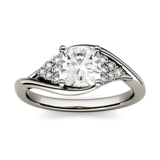1.26 CTW DEW Cushion Forever One Moissanite Solitaire with Side Accents Engagement Ring 14K White Gold