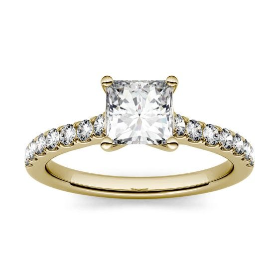 1.18 CTW DEW Square Forever One Moissanite Solitaire with Side Accents Engagement Ring 14K Yellow Gold