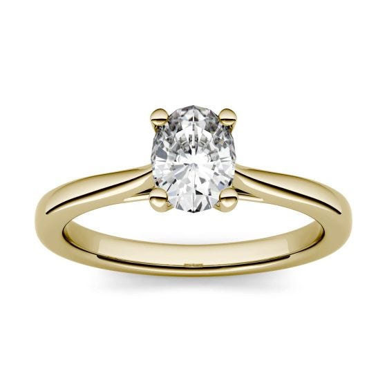 0.90 CTW DEW Oval Forever One Moissanite Solitaire Engagement Ring 14K Yellow Gold