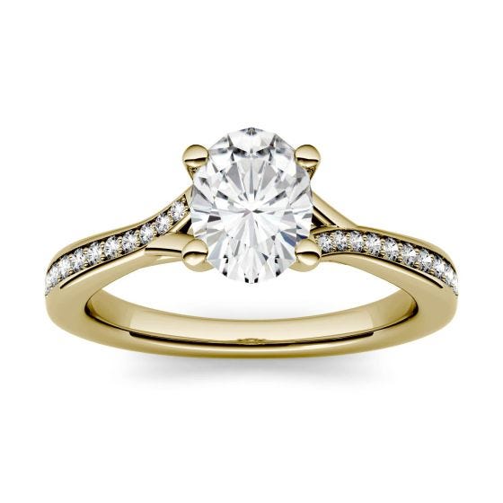 1.03 CTW DEW Oval Forever One Moissanite Solitaire with Side Accents Engagement Ring 14K Yellow Gold