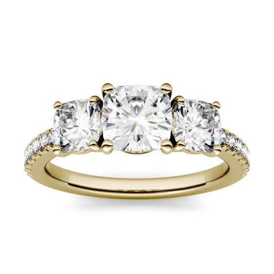 2.24 CTW DEW Cushion Forever One Moissanite Three Stone with Side Accents Ring 14K Yellow Gold