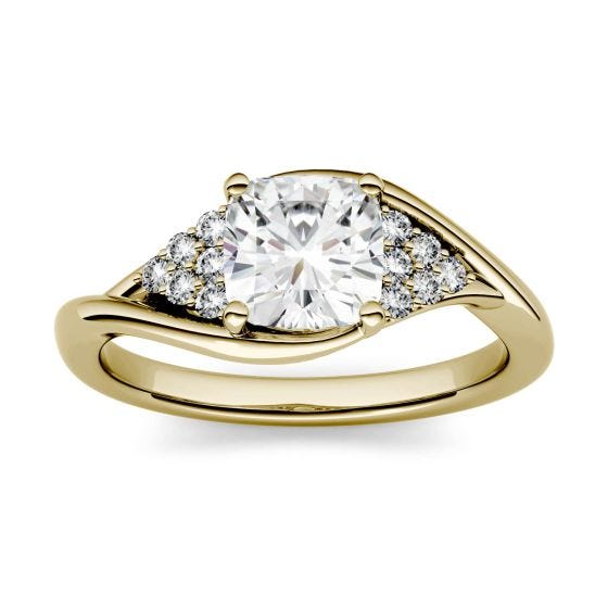 1.26 CTW DEW Cushion Forever One Moissanite Solitaire with Side Accents Engagement Ring 14K Yellow Gold