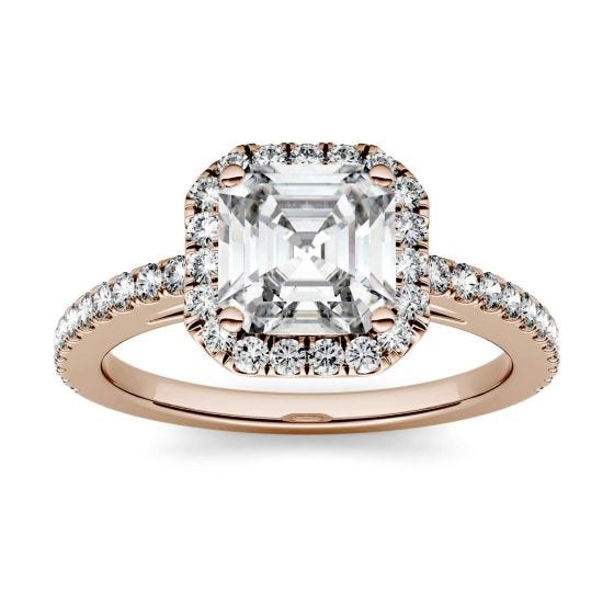 1.71 CTW DEW Asscher Forever One Moissanite Halo with Side Accents Engagement Ring 14K Rose Gold