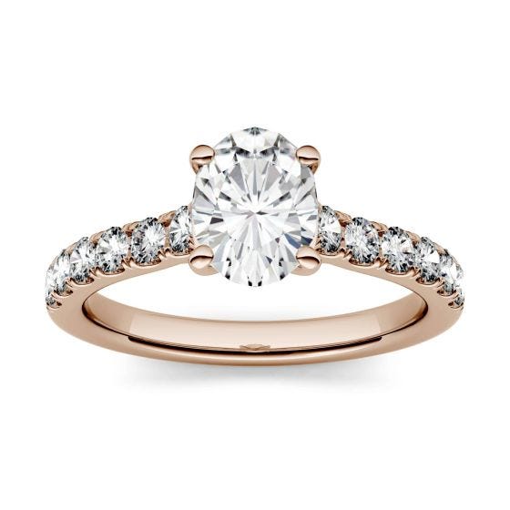 1.26 CTW DEW Oval Forever One Moissanite Solitaire with Side Accents Engagement Ring 14K Rose Gold