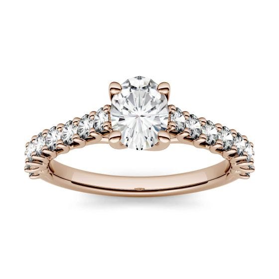 1.38 CTW DEW Oval Forever One Moissanite Solitaire with Side Accents Engagement Ring 14K Rose Gold