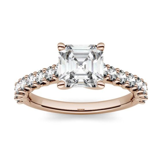 1.78 CTW DEW Asscher Forever One Moissanite Solitaire with Side Accents Engagement Ring 14K Rose Gold