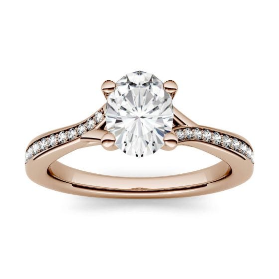 1.03 CTW DEW Oval Forever One Moissanite Solitaire with Side Accents Engagement Ring 14K Rose Gold