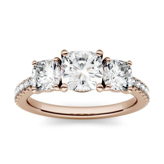 2.24 CTW DEW Cushion Forever One Moissanite Three Stone with Side Accents Ring 14K Rose Gold