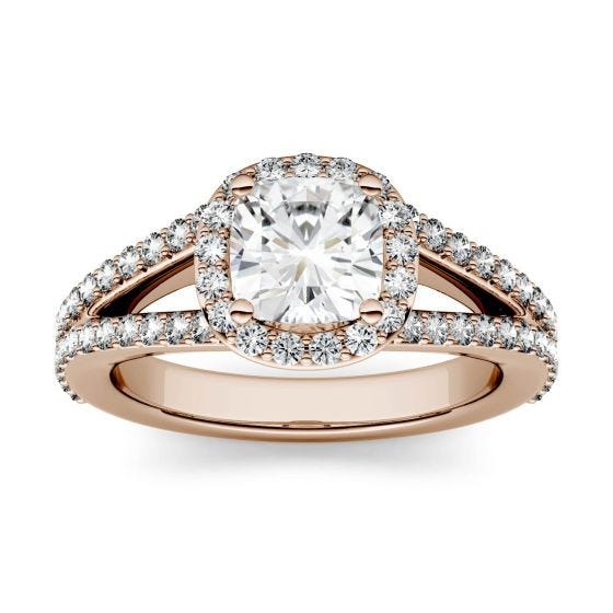 1.75 CTW DEW Cushion Forever One Moissanite Split Shank Halo with Side Accents Engagement Ring 14K Rose Gold