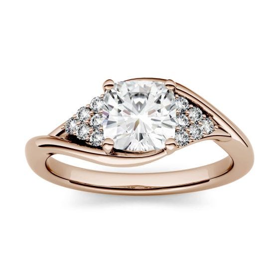1.26 CTW DEW Cushion Forever One Moissanite Solitaire with Side Accents Engagement Ring 14K Rose Gold