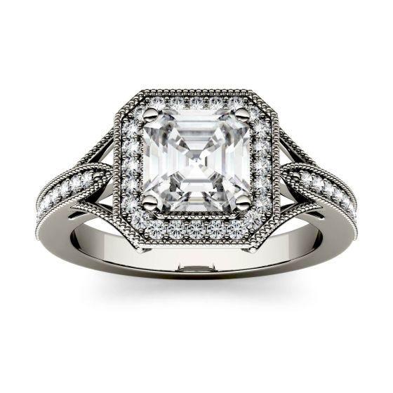 1.54 CTW DEW Asscher Forever One Moissanite Milgrain Halo with Side Accents Engagement Ring 14K White Gold