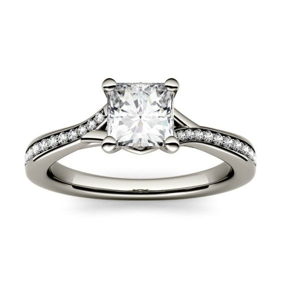 1.03 CTW DEW Square Forever One Moissanite Solitaire with Side Accents Engagement Ring 14K White Gold