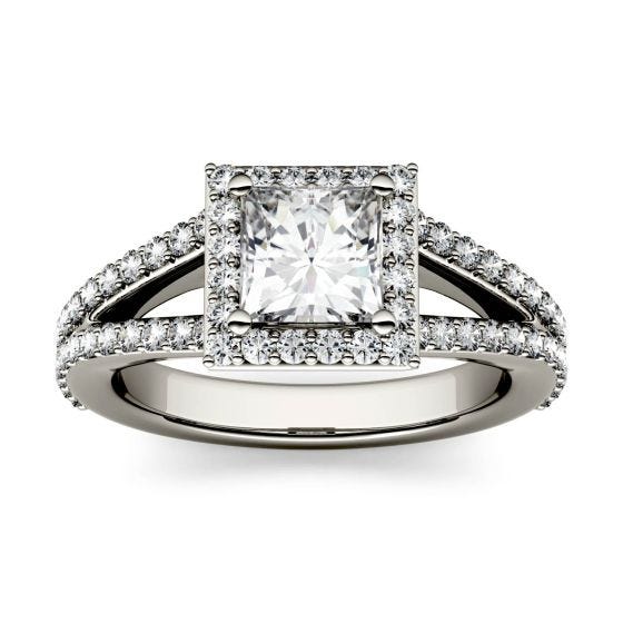 1.68 CTW DEW Square Forever One Moissanite Split Shank Halo with Side Accents Engagement Ring 14K White Gold