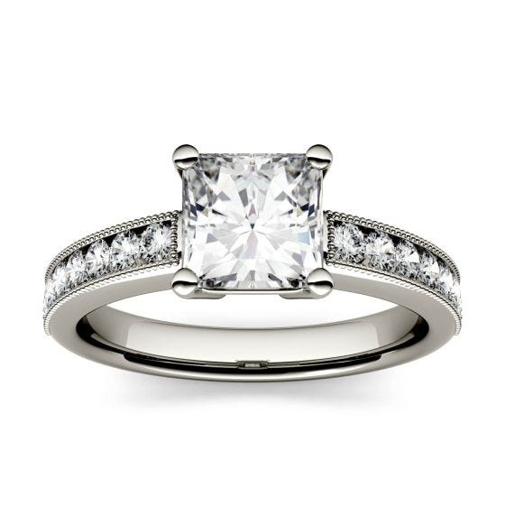 1.21 CTW DEW Square Forever One Moissanite Solitaire with Milgrain Side Accents Engagement Ring 14K White Gold