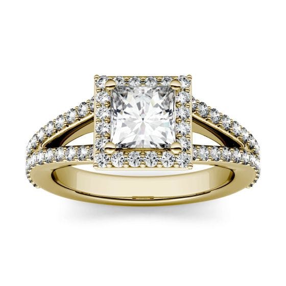 1.58 CTW DEW Square Forever One Moissanite Split Shank Halo with Side Accents Engagement Ring 14K Yellow Gold