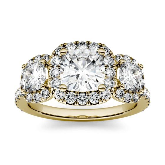2.31 CTW DEW Cushion Forever One Moissanite Three Stone Halo Ring 14K Yellow Gold