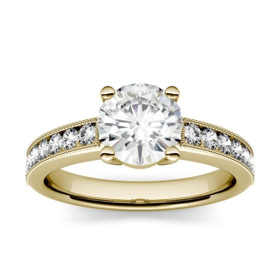 1.31 CTW DEW Round Forever One Moissanite Solitaire with Milgrain Side Accents Engagement Ring 14K Yellow Gold