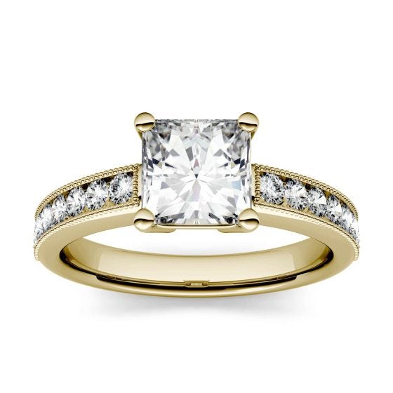 1.21 CTW DEW Square Forever One Moissanite Solitaire with Milgrain Side Accents Engagement Ring 14K Yellow Gold