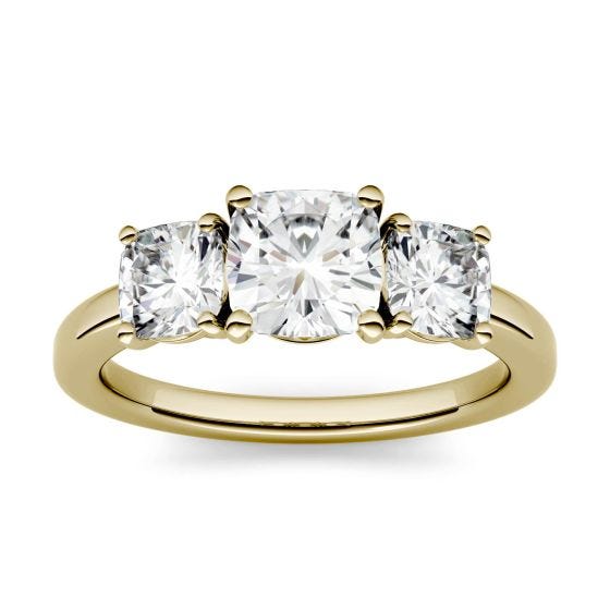 2.10 CTW DEW Cushion Forever One Moissanite Three Stone Ring 14K Yellow Gold