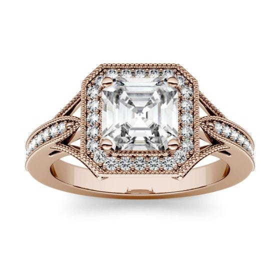1.54 CTW DEW Asscher Forever One Moissanite Milgrain Halo with Side Accents Engagement Ring 14K Rose Gold