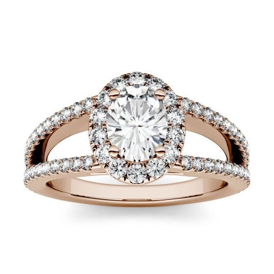 1.53 CTW DEW Oval Forever One Moissanite Split Shank Halo with Side Accents Engagement Ring 14K Rose Gold