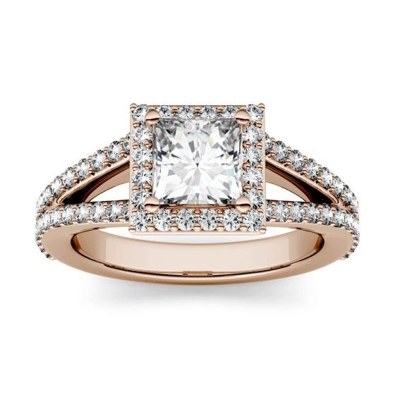 1.58 CTW DEW Square Forever One Moissanite Split Shank Halo with Side Accents Engagement Ring 14K Rose Gold