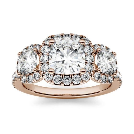 2.31 CTW DEW Cushion Forever One Moissanite Three Stone Halo Ring 14K Rose Gold