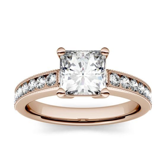 1.21 CTW DEW Square Forever One Moissanite Solitaire with Milgrain Side Accents Engagement Ring 14K Rose Gold