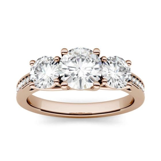 2.14 CTW DEW Round Forever One Moissanite Three Stone with Side Accents Ring 14K Rose Gold