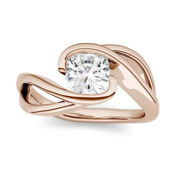 1.10 CTW DEW Cushion Forever One Moissanite Swirl Bypass Solitaire Engagement Ring 14K Rose Gold