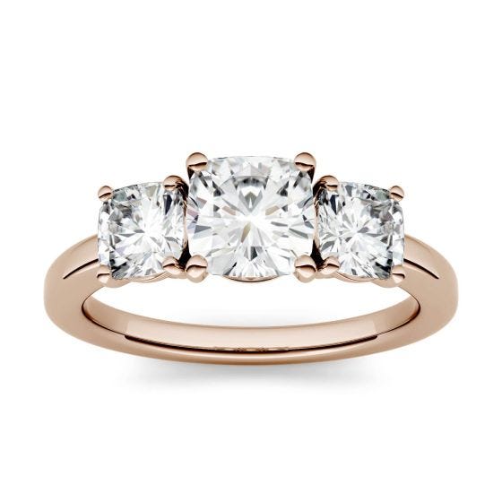 2.10 CTW DEW Cushion Forever One Moissanite Three Stone Ring 14K Rose Gold