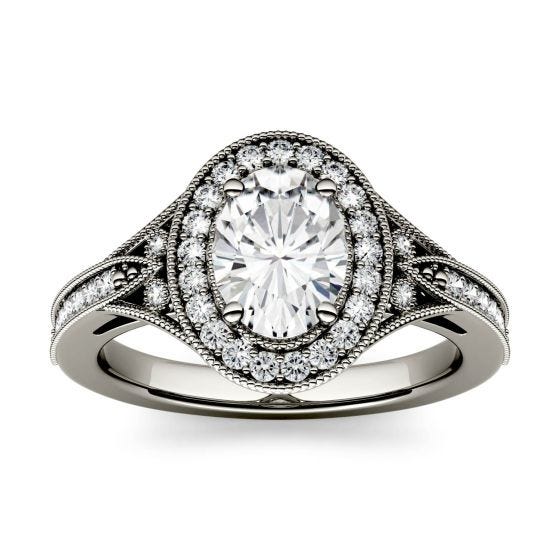1.14 CTW DEW Oval Forever One Moissanite Milgrain Halo with Side Accents Engagement Ring 14K White Gold