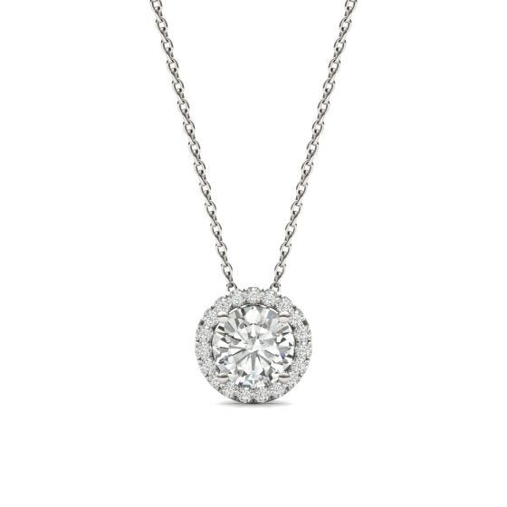 1.19 CTW DEW Round Forever One Moissanite Halo Necklace in 14K White Gold