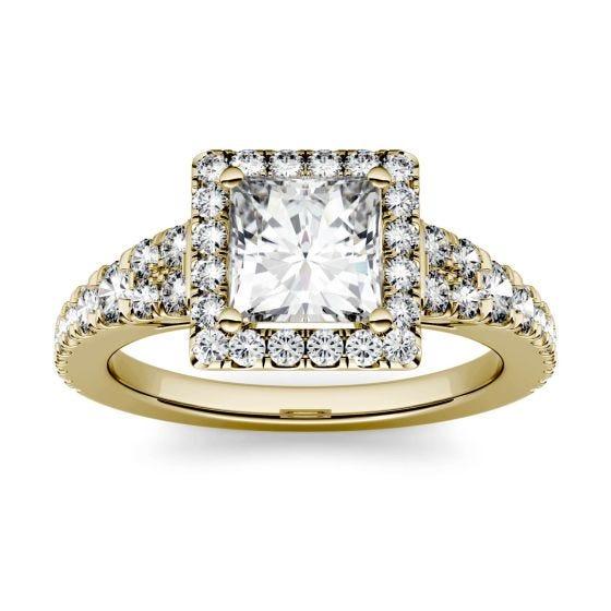 1.58 CTW DEW Square Forever One Moissanite Halo with Side Accents Ring 14K Yellow Gold