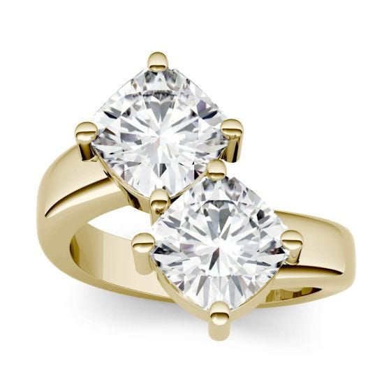4.80 CTW DEW Cushion Forever One Moissanite Two Stone Ring 14K Yellow Gold