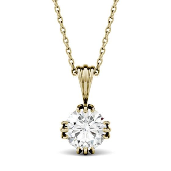 0.50 CTW DEW Round Forever One Moissanite Tripe Prong Solitaire Pendant Necklace 14K Yellow Gold
