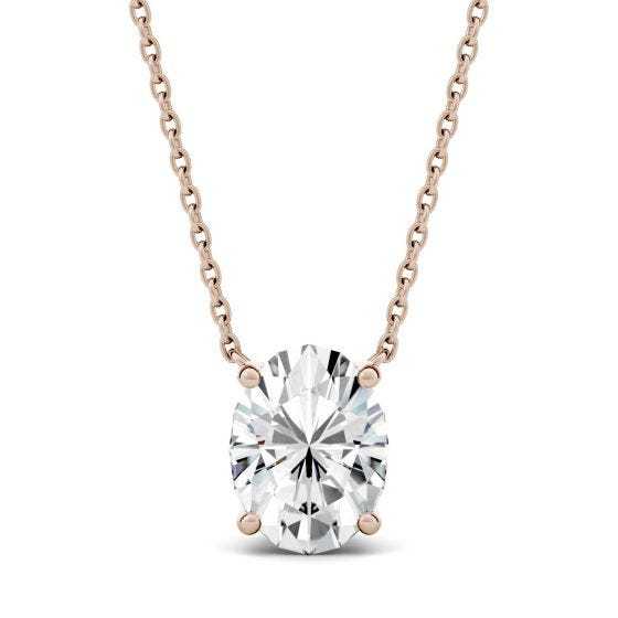 1.50 CTW DEW Oval Forever One Moissanite Solitaire Pendant Necklace 14K Rose Gold