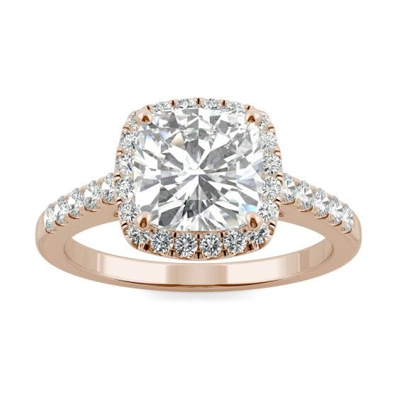 2.40 CTW DEW Cushion Forever One Moissanite Halo with Side Accents Engagement Ring 14K Rose Gold