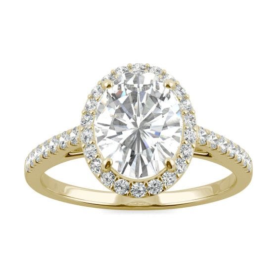 2.39 CTW DEW Oval Forever One Moissanite Halo with Side Accents Engagement Ring 14K Two-Tone White & Yellow Gold