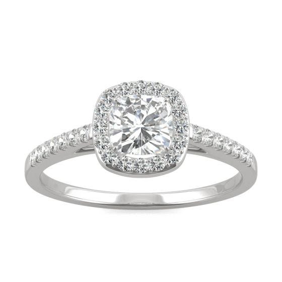 0.84 CTW DEW Cushion Forever One Moissanite Halo with Side Accents Engagement Ring 14K White Gold