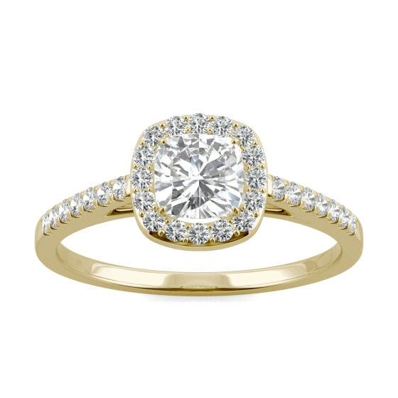 0.84 CTW DEW Cushion Forever One Moissanite Halo with Side Accents Engagement Ring 14K Yellow Gold