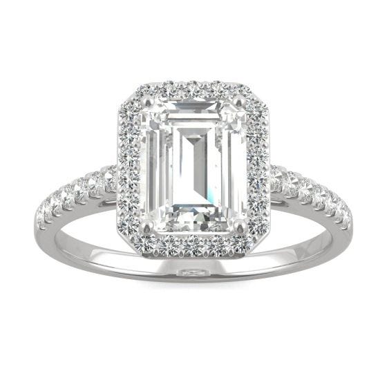 2.04 CTW DEW Emerald Forever One Moissanite Halo with Side Accents Engagement Ring 14K White Gold