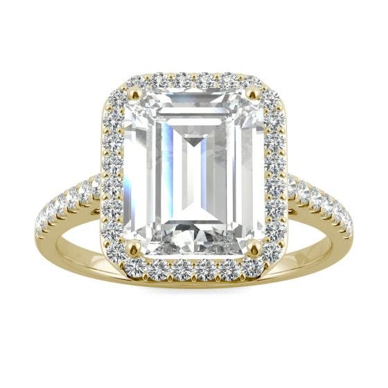 3.89 CTW DEW Emerald Forever One Moissanite Halo with Side Accents Engagement Ring 14K Yellow Gold